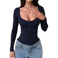 thumbnail image 1 of Women'S Long Sleeve Going Out Tops Pleated Basic T Shirts Cute Sweetheart Neck Y2K Fall Tops Dark Blue S, 1 of 8
