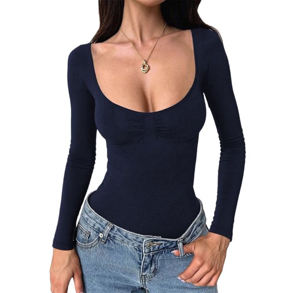 Women'S Long Sleeve Going Out Tops Pleated Basic T Shirts Cute Sweetheart Neck Y2K Fall Tops Dark Blue S