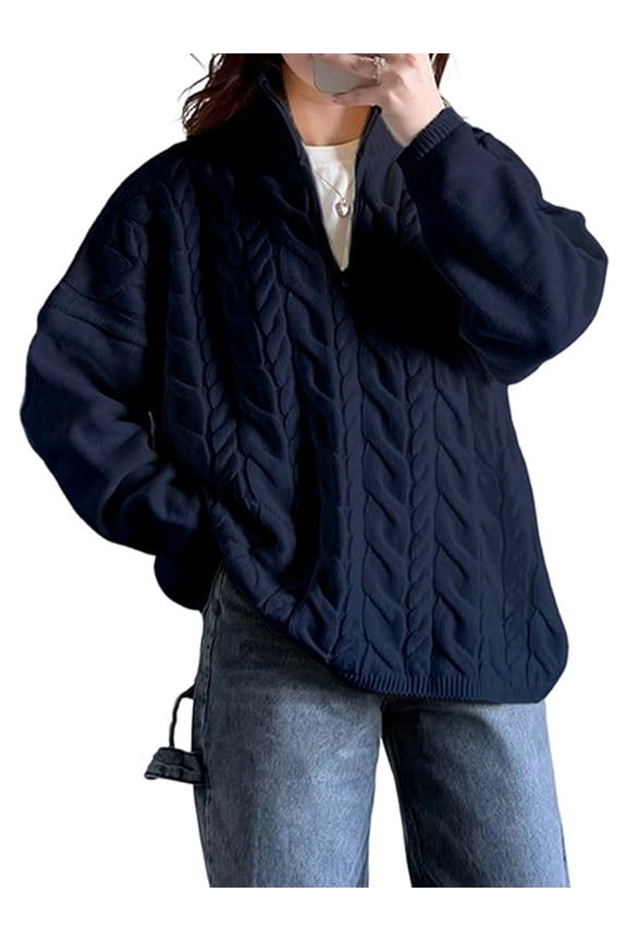 Women'S Long Sleeve Half Turtle-Neck Sweater with Zipper Autumn and Winter Casual Ribbed Knit Pullover Navy Blue L