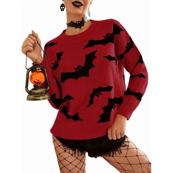 Women'S Long Sleeve Halloween Jacquard Knitted Top Round Neck Pullover Fall Winter Sweater Tops Red L
