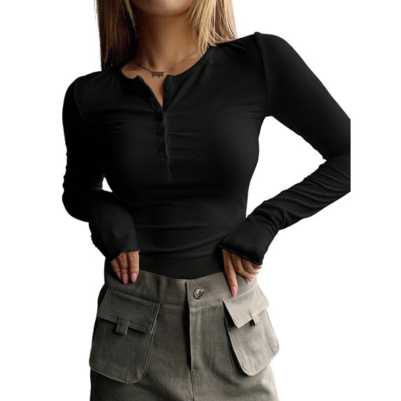 Women'S Long Sleeve Henley T Shirts Button Ribbed Knit Slim Fit Basic Tops Blouse Casual Outfits Black L