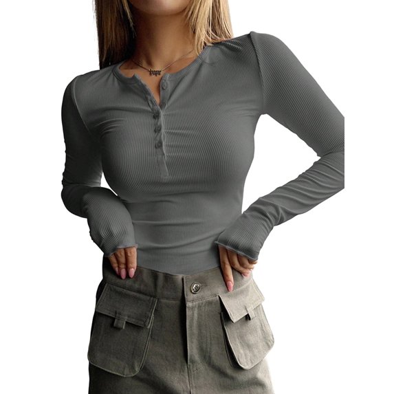Women'S Long Sleeve Henley T Shirts Button Ribbed Knit Slim Fit Basic Tops Blouse Casual Outfits Gray L