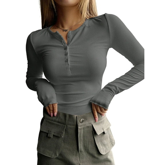 Women'S Long Sleeve Henley T Shirts Button Ribbed Knit Slim Fit Basic Tops Blouse Casual Outfits Gray XL