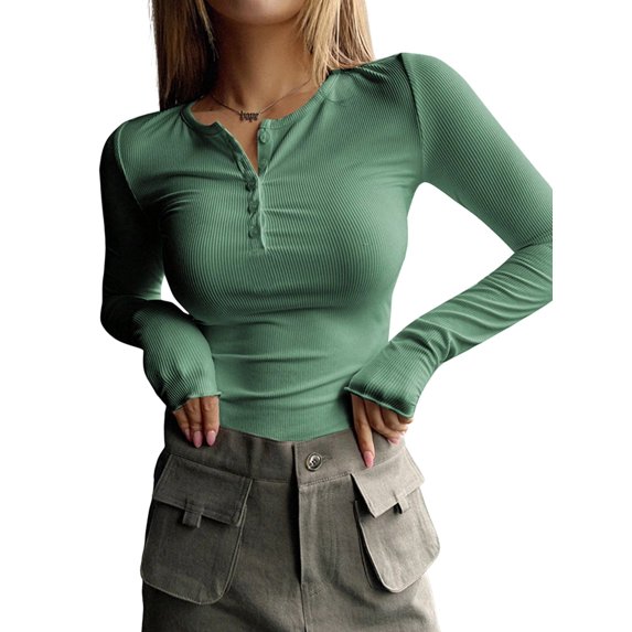 Women'S Long Sleeve Henley T Shirts Button Ribbed Knit Slim Fit Basic Tops Blouse Casual Outfits Green M