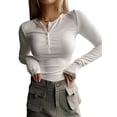 thumbnail image 1 of Women'S Long Sleeve Henley T Shirts Button Ribbed Knit Slim Fit Basic Tops Blouse Casual Outfits White XL, 1 of 5