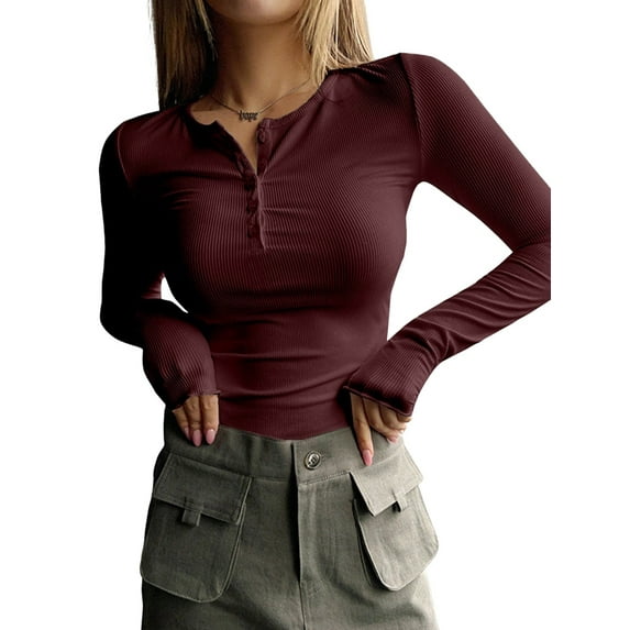Women'S Long Sleeve Henley T Shirts Button Ribbed Knit Slim Fit Basic Tops Blouse Casual Outfits Wine Red XXL