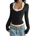 thumbnail image 1 of Women'S Long Sleeve Henley T Shirts Button Ribbed Knit Slim Fit Casual Basic Tops Blouse Black S, 1 of 7