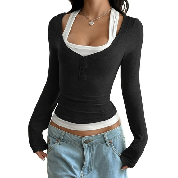 Women'S Long Sleeve Henley T Shirts Button Ribbed Knit Slim Fit Casual Basic Tops Blouse Black S