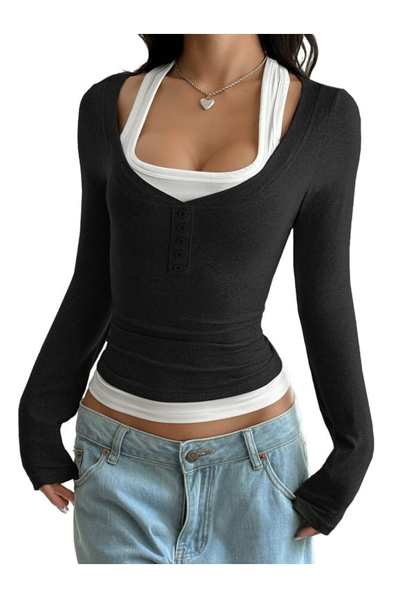 Women'S Long Sleeve Henley T Shirts Button Ribbed Knit Slim Fit Casual Basic Tops Blouse Black S