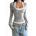 thumbnail image 1 of Women'S Long Sleeve Henley T Shirts Button Ribbed Knit Slim Fit Casual Basic Tops Blouse Flower Gray M, 1 of 8