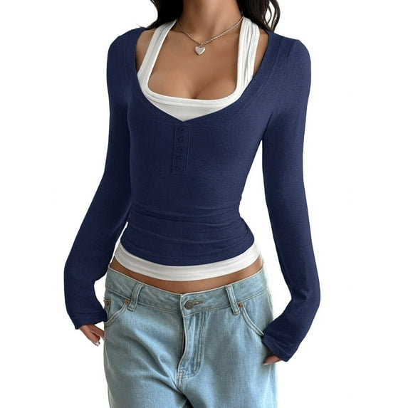 Women'S Long Sleeve Henley T Shirts Button Ribbed Knit Slim Fit Casual Basic Tops Blouse Navy Blue XL