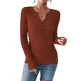 thumbnail image 1 of Women'S Long Sleeve Henley Tops Ribbed Knit Slim Fitted T Shirt Basic Tees Layer Fashion Outfits Chocolate Color S, 1 of 9