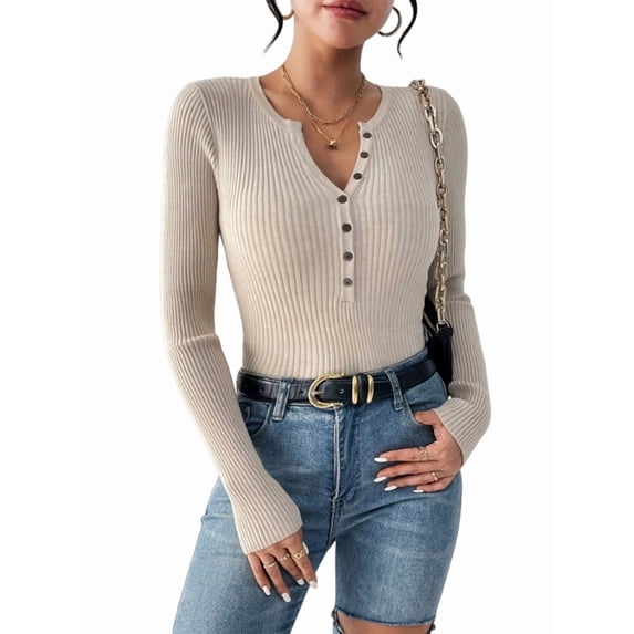Women'S Long Sleeve Henley Tops Ribbed Knit Slim Fitted Trendy T Shirt Basic Tees Layer Fashion Outfits Color XS