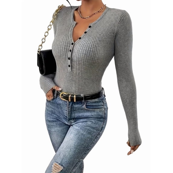 Women'S Long Sleeve Henley Tops Ribbed Knit Slim Fitted Trendy T Shirt Basic Tees Layer Fashion Outfits Gray S