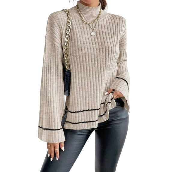 Women'S Long Sleeve High Neck Sweater Casual Loose Sweater Split Ribbed Knit Pullover Tops Color XS
