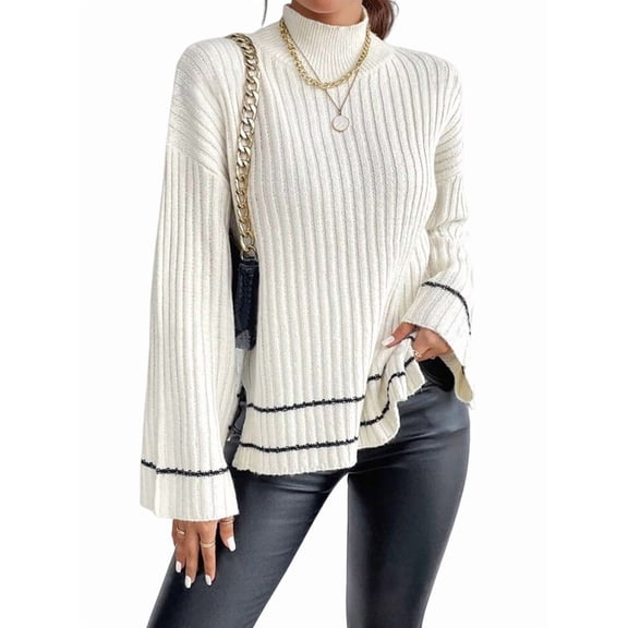 Women'S Long Sleeve High Neck Sweater Casual Loose Sweater Split Ribbed Knit Pullover Tops White XS