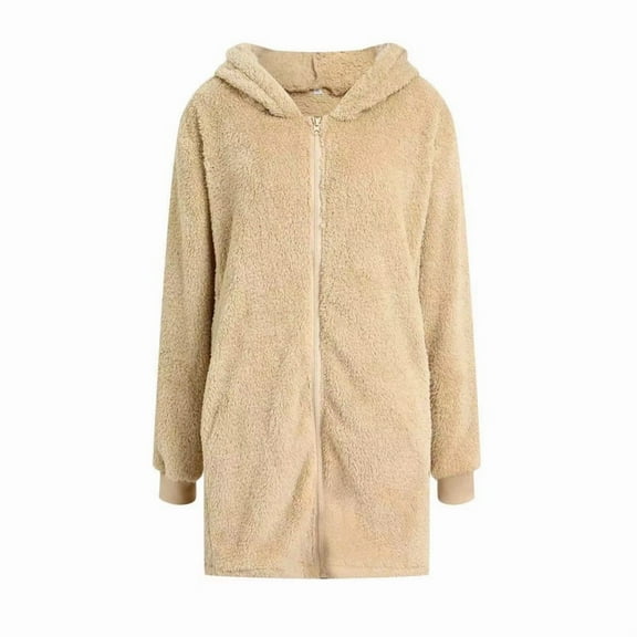 Women'S Long Sleeve Hooded Cardigan with Zipper Loose Plush Cardigan Jacket Women'S Plush Jacket Apricot Color L