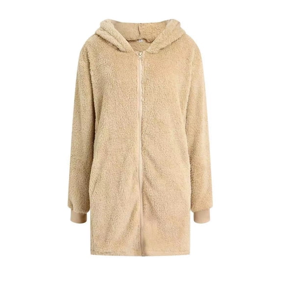 Women'S Long Sleeve Hooded Cardigan with Zipper Loose Plush Cardigan Jacket Women'S Plush Jacket Apricot Color XL