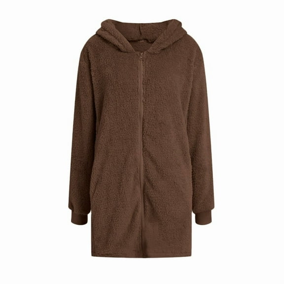 Women'S Long Sleeve Hooded Cardigan with Zipper Loose Plush Cardigan Jacket Women'S Plush Jacket Dark Brown M