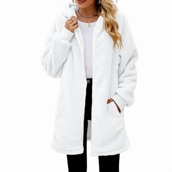 Women'S Long Sleeve Hooded Cardigan with Zipper Loose Plush Cardigan Jacket Women'S Plush Jacket White M