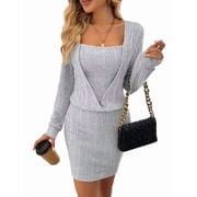 WomenS Long Sleeve Knit Dress with Built in Sleeveless Lined Slip Maxi Dress Light Gray XXL