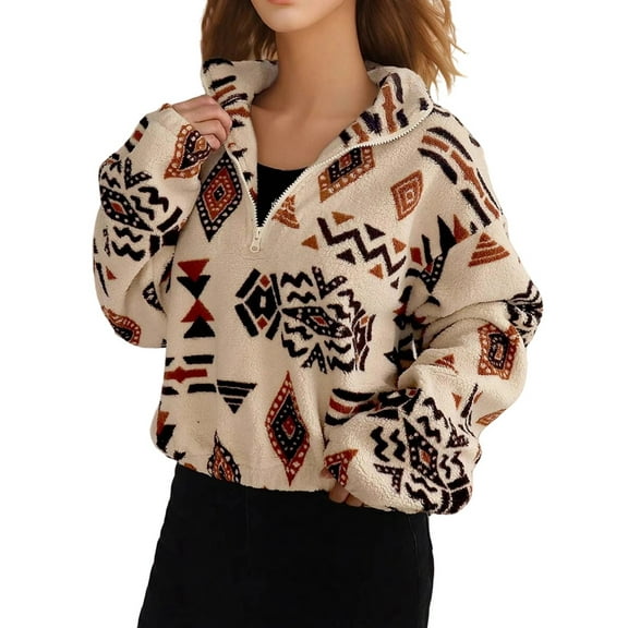 Women'S Long Sleeve Lapel Half Zip Plain Faux Fur Sweatshirt Solid Color Crop Pullover Tops Khaki S