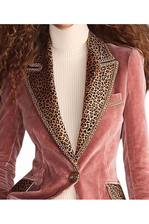 Women'S Long Sleeve Lapel V Neck Button Leopard Printed Velvet Coats Blazer Jackets Pink XXL