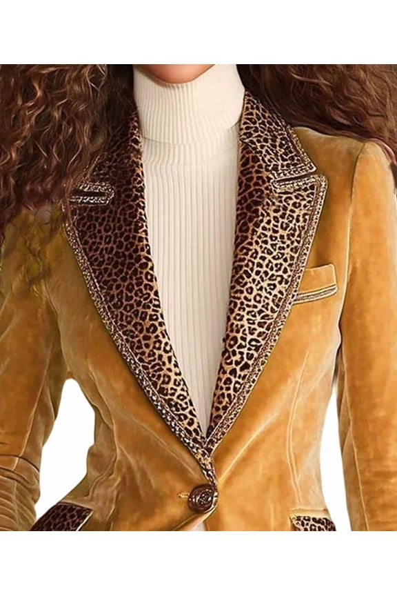 Women'S Long Sleeve Lapel V Neck Button Leopard Printed Velvet Coats Blazer Jackets Yellow M