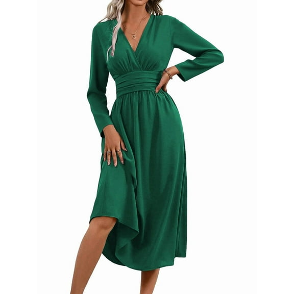 Women'S Long Sleeve Maxi Dress Fall Trendy Elegant V-Neck Flowy Wedding Guest Holiday Formal Long Dresses Green XXL