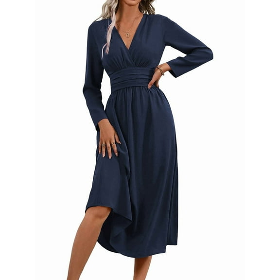 Women'S Long Sleeve Maxi Dress Fall Trendy Elegant V-Neck Flowy Wedding Guest Holiday Formal Long Dresses Navy Blue M