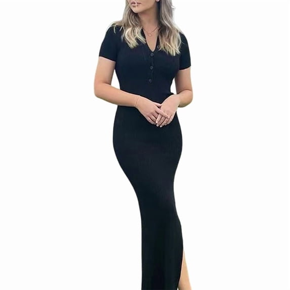 Women'S Long Sleeve Maxi Dress Ribbed Back Slit Button Down Bodycon Soft Going Out Elegant Party Dresses Black L