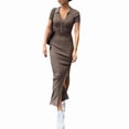 thumbnail image 1 of Women'S Long Sleeve Maxi Dress Ribbed Back Slit Button Down Bodycon Soft Going Out Elegant Party Dresses Brown L, 1 of 9