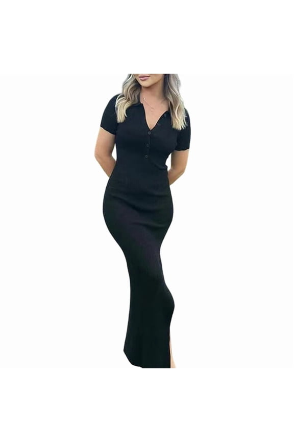 Women'S Long Sleeve Maxi Dress Ribbed Back Slit Button Down Bodycon Soft Going Out Elegant Party Dresses