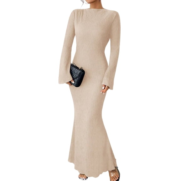 Women'S Long Sleeve Maxi Dress Ribbed Knit Boat Neck Bodycon Casual Dresses Going Out Outfits Color S