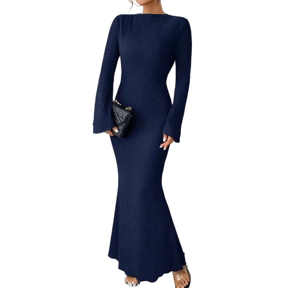 Women'S Long Sleeve Maxi Dress Ribbed Knit Boat Neck Bodycon Casual Dresses Going Out Outfits Royal Blue L