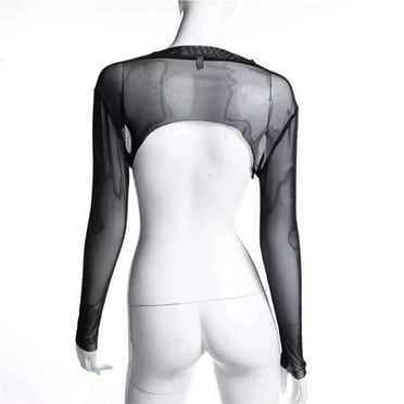 Women'S Long Sleeve Mesh Crop Tops Transparent Open Front Shrug Pullovers Black S