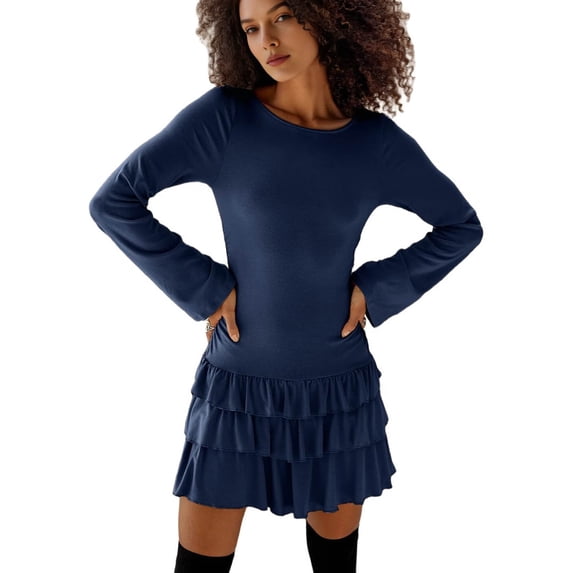 Women'S Long Sleeve Mini Dress Boat Neck Ruffle Bodycon Mini Flowy Cocktail Party Dresses Blue S
