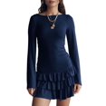 thumbnail image 1 of Women'S Long Sleeve Mini Dress Boat Neck Ruffle Bodycon Mini Flowy Cocktail Party Dresses Blue S, 1 of 7