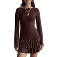 thumbnail image 1 of Women'S Long Sleeve Mini Dress Boat Neck Ruffle Bodycon Mini Flowy Cocktail Party Dresses Brown XL, 1 of 8