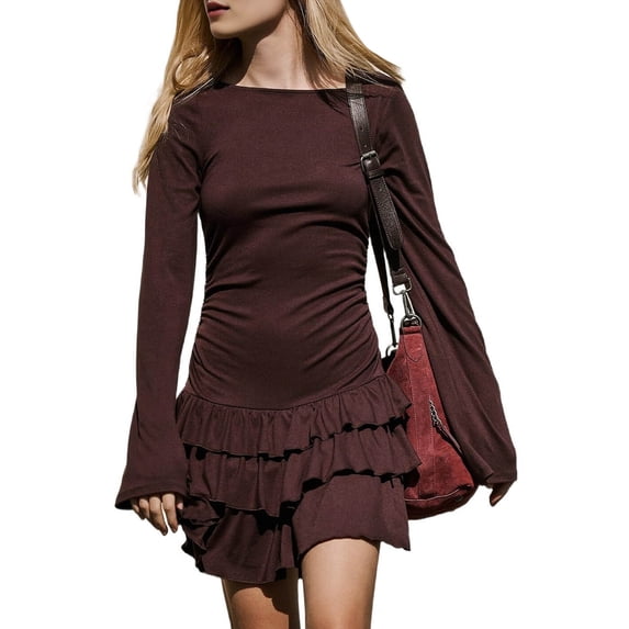 Women'S Long Sleeve Mini Dress Boat Neck Ruffle Bodycon Mini Flowy Cocktail Party Dresses Brown XXL