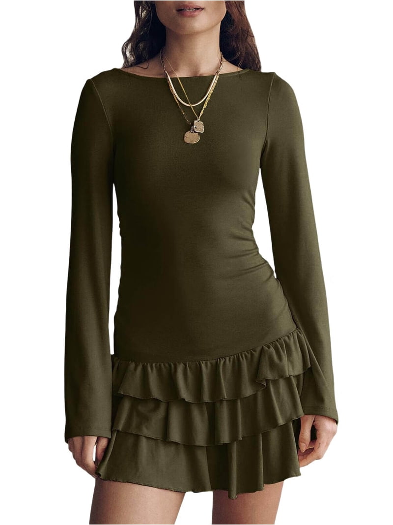 Women'S Long Sleeve Mini Dress Boat Neck Ruffle Bodycon Mini Flowy Cocktail  Party Dresses Dark Green XL - Walmart.com