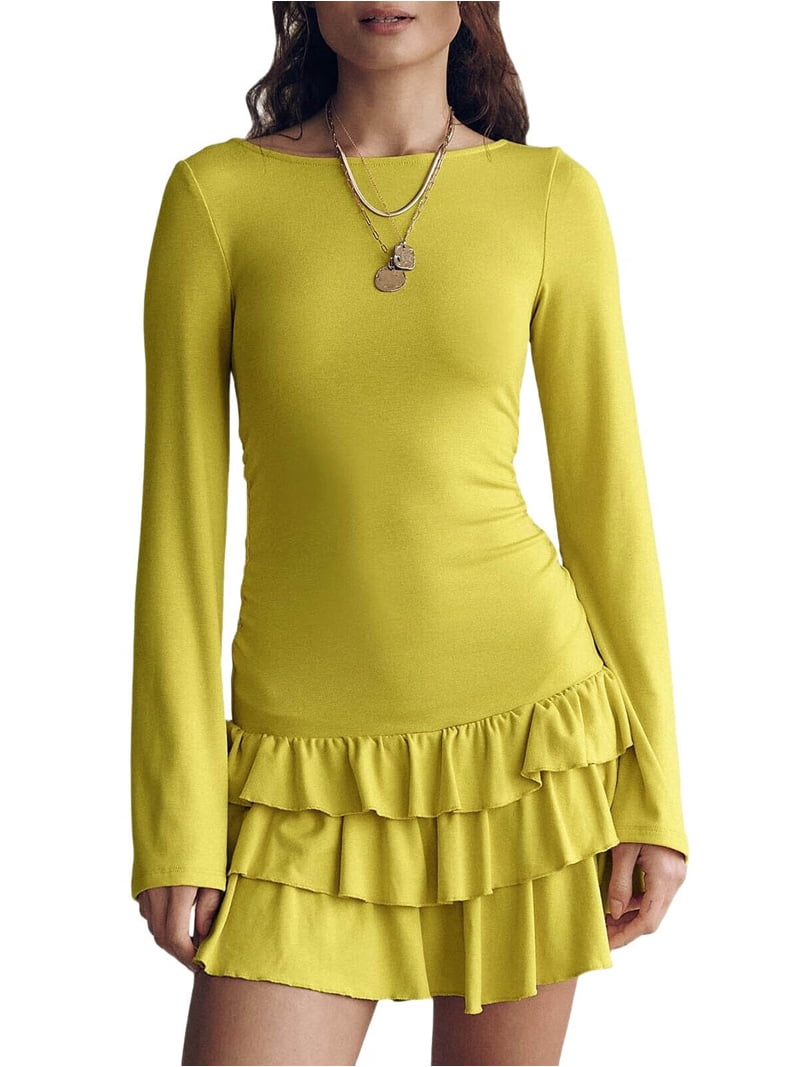 Women'S Long Sleeve Mini Dress Boat Neck Ruffle Bodycon Mini Flowy Cocktail Party Dresses Mustard Yellow M