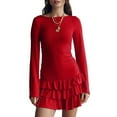 thumbnail image 1 of Women'S Long Sleeve Mini Dress Boat Neck Ruffle Bodycon Mini Flowy Cocktail Party Dresses Red M, 1 of 9