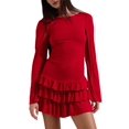 thumbnail image 1 of Women'S Long Sleeve Mini Dress Boat Neck Ruffle Bodycon Mini Flowy Cocktail Party Dresses Red S, 1 of 9