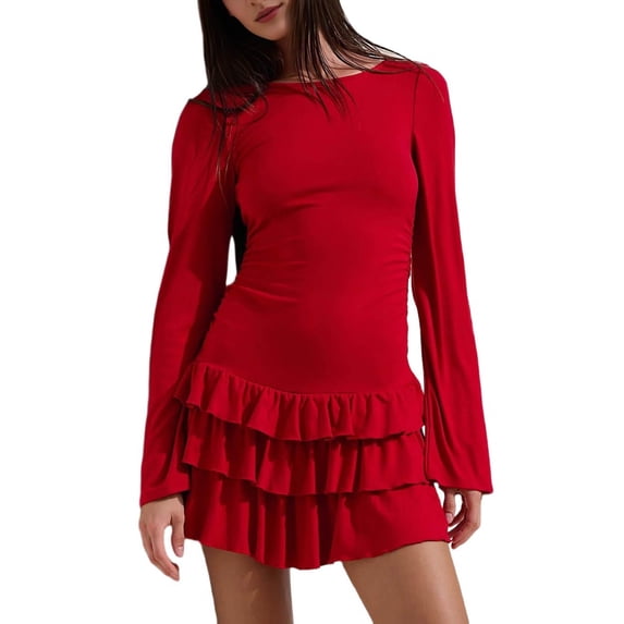 Women'S Long Sleeve Mini Dress Boat Neck Ruffle Bodycon Mini Flowy Cocktail Party Dresses Red S