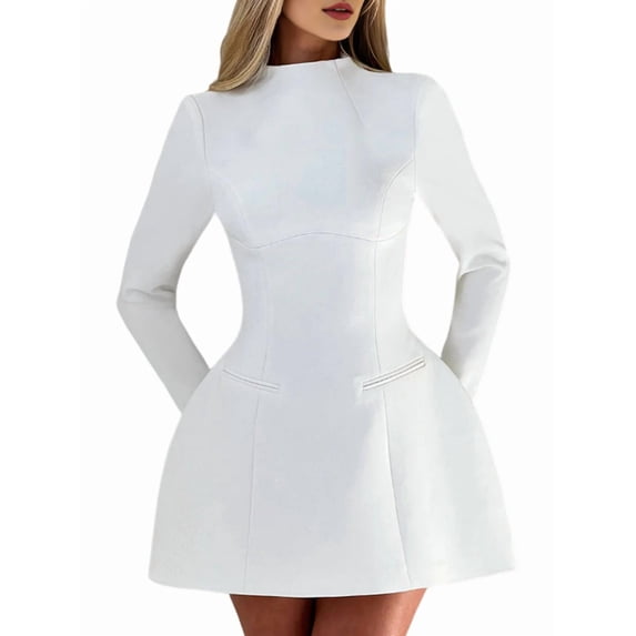 Women'S Long Sleeve Mock Neck Bodycon A-Line Backless Mini Dress Tank Short Party Dress White S