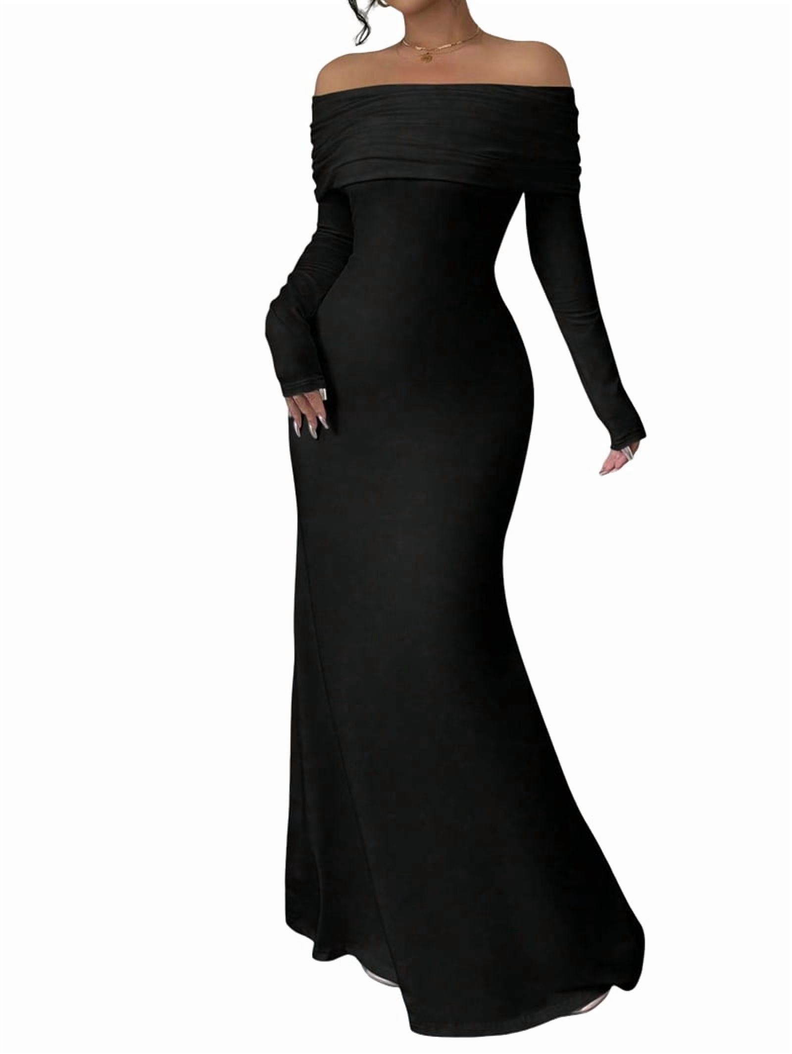 Women'S Long Sleeve Off the Shoulder Bodycon Dress Elegant Maxi Dress Cocktail Prom Dresses Black XXL Women'S Long Sleeve Off the Shoulder Bodycon Dress Elegant Maxi Dress Cocktail Prom Dresses Black XXL