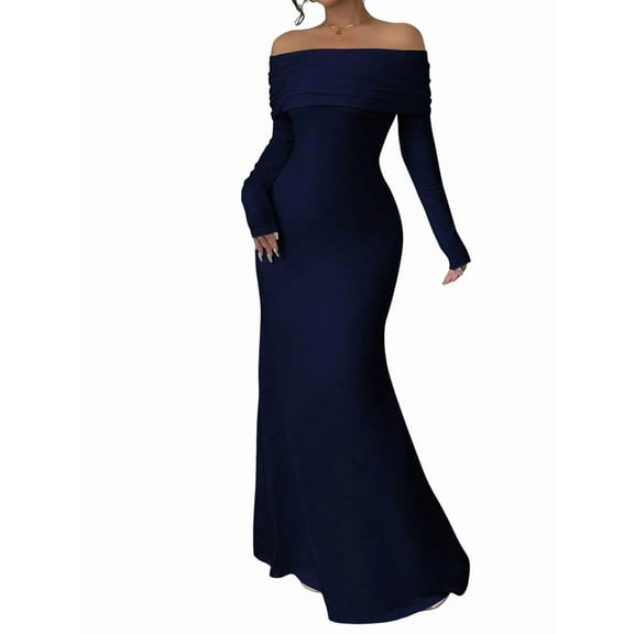 Women'S Long Sleeve Off the Shoulder Bodycon Dress Elegant Maxi Dress Cocktail Prom Dresses Navy Blue S
