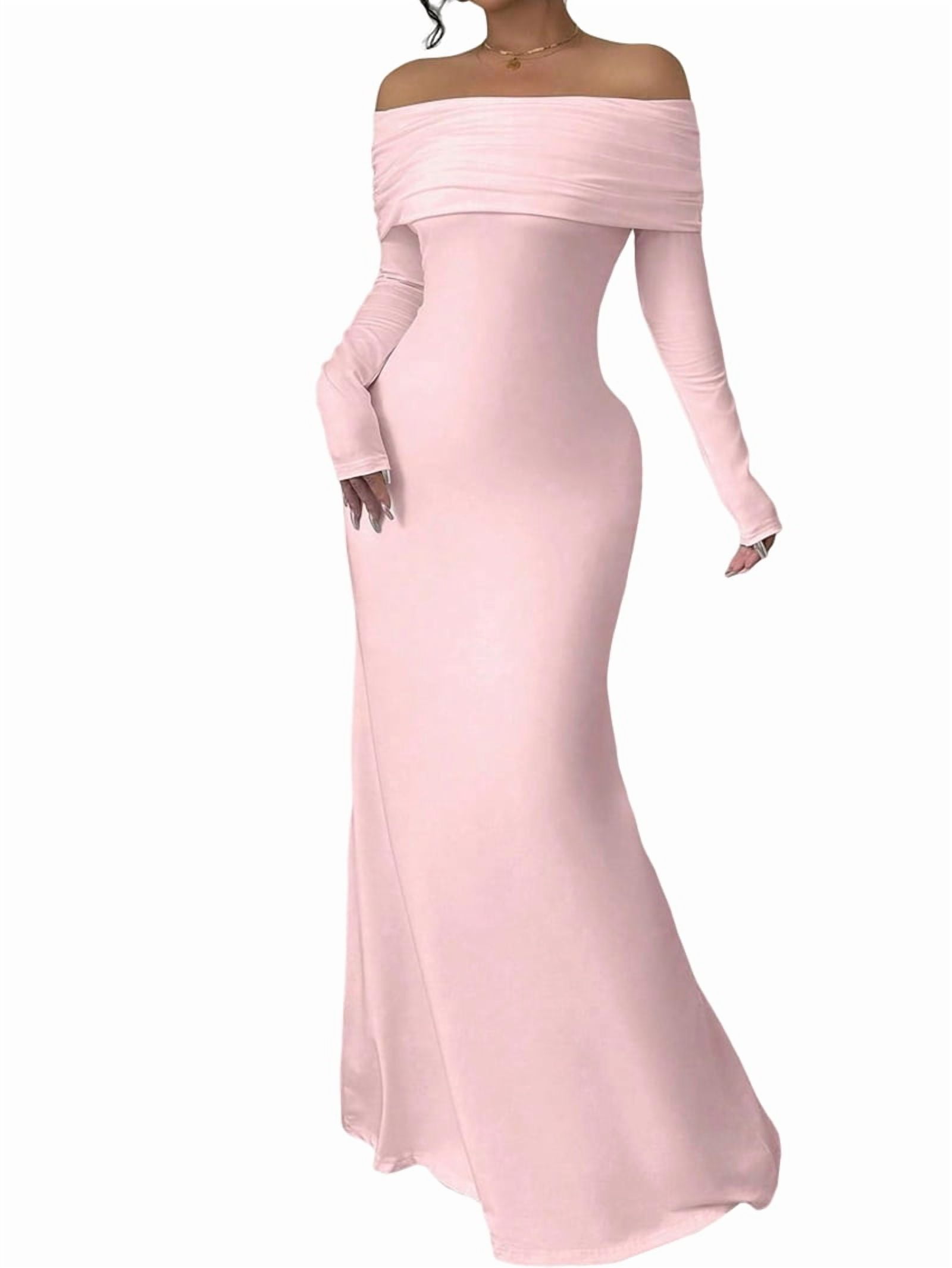 Off-Shoulder Ruched Bodycon Maxi Dress - Dusty Pink / L