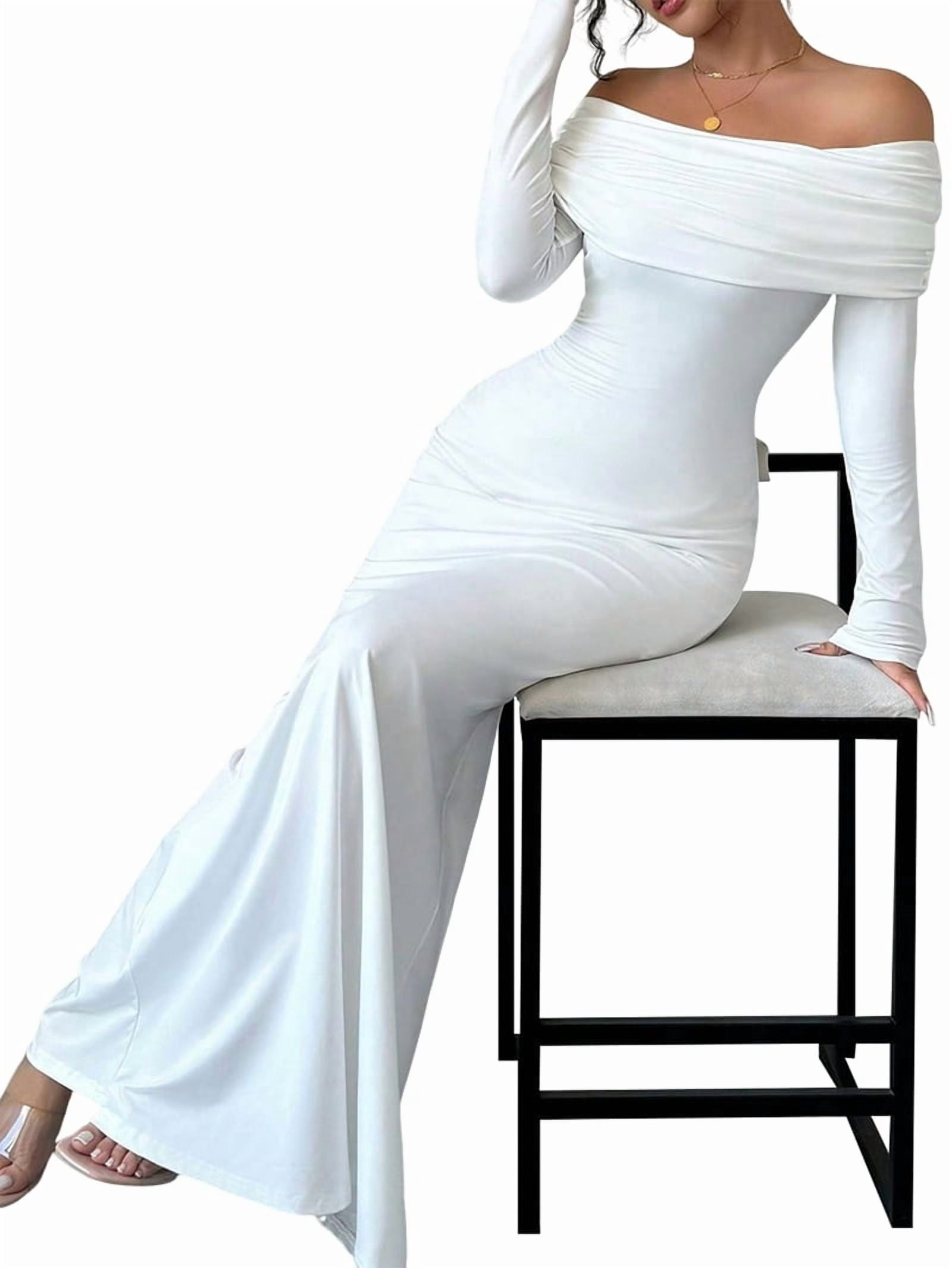 knee length dresses for ladies A-Line Off The Shoulder White Wedding Dress with Slit, Diamond White / 2 main image 0